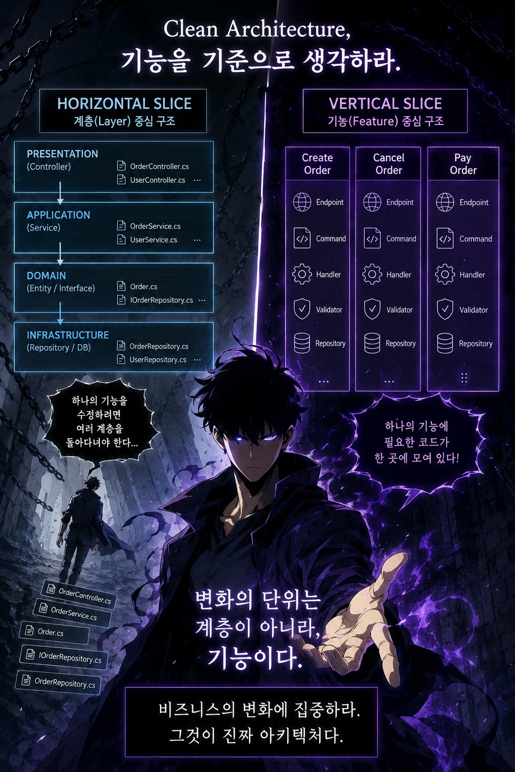 계층 중심의 Horizontal Slice 구조와 기능 중심의 Vertical Slice 구조를 나란히 비교한 포스터. 변화의 단위는 계층이 아니라 기능이라는 문구가 적혀 있다