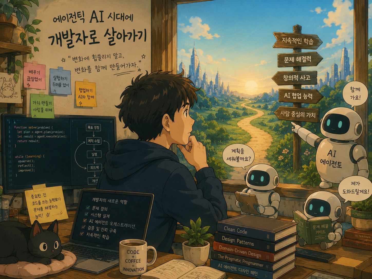 창가 책상에 앉은 개발자가 턱을 괴고 생각에 잠겨 있고, 화면에는 에이전트 루프 코드와 순서도가, 창밖으로는 지속적인 학습·문제 해결력·AI 협업 능력 같은 이정표와 작은 로봇들이 보이는 그림