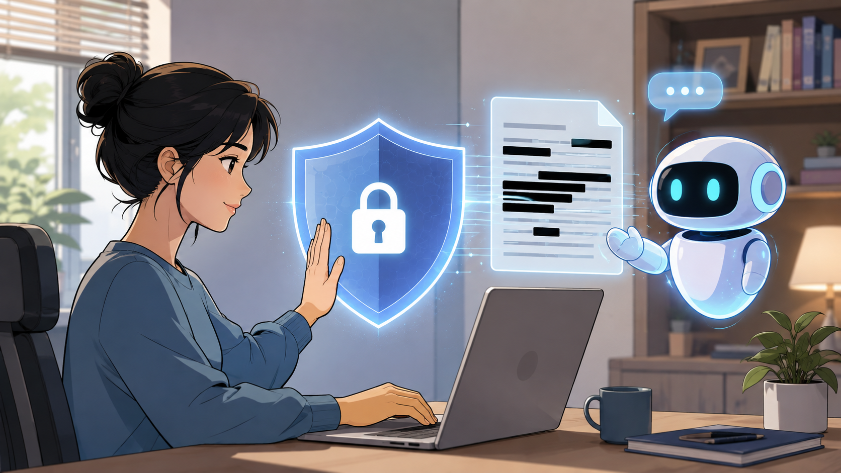 AI 사용과 개인정보 보호를 함께 보여주는 일러스트
