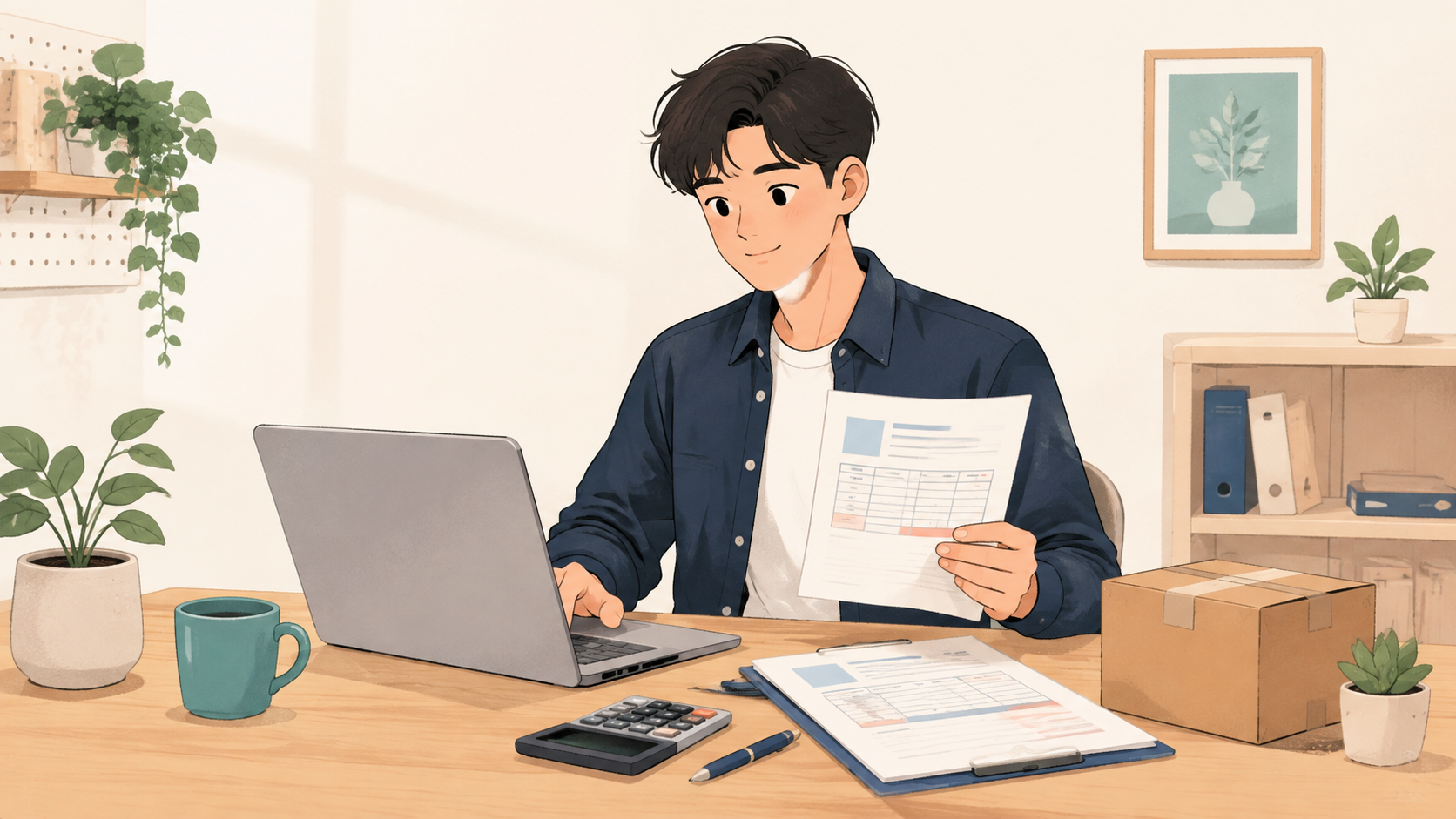 노트북으로 견적서와 청구서를 작성하는 소상공인 일러스트