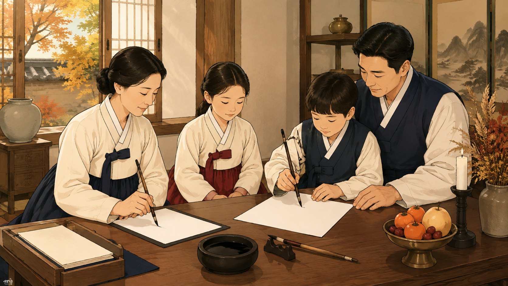 추석 차례상을 준비하는 가족 일러스트