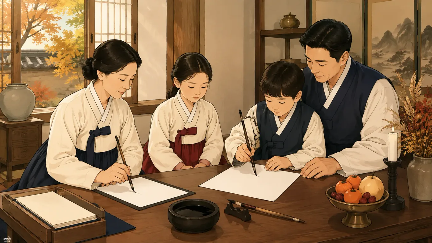 추석 차례상을 준비하는 가족 일러스트
