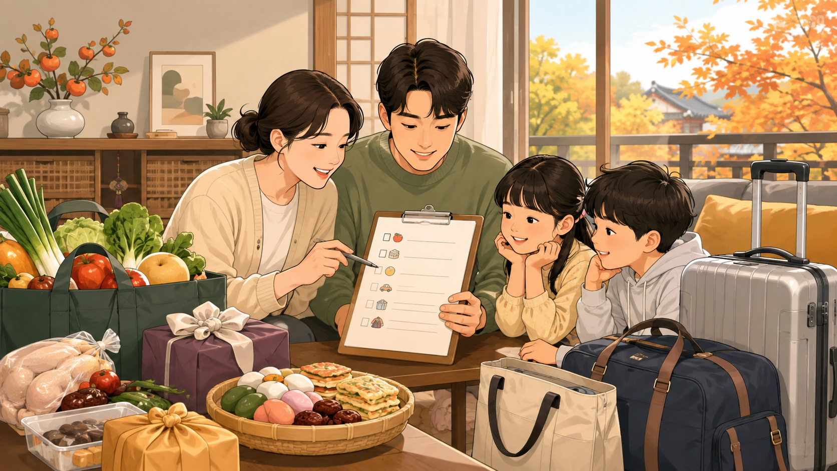 추석 차례상을 준비하는 가족 일러스트