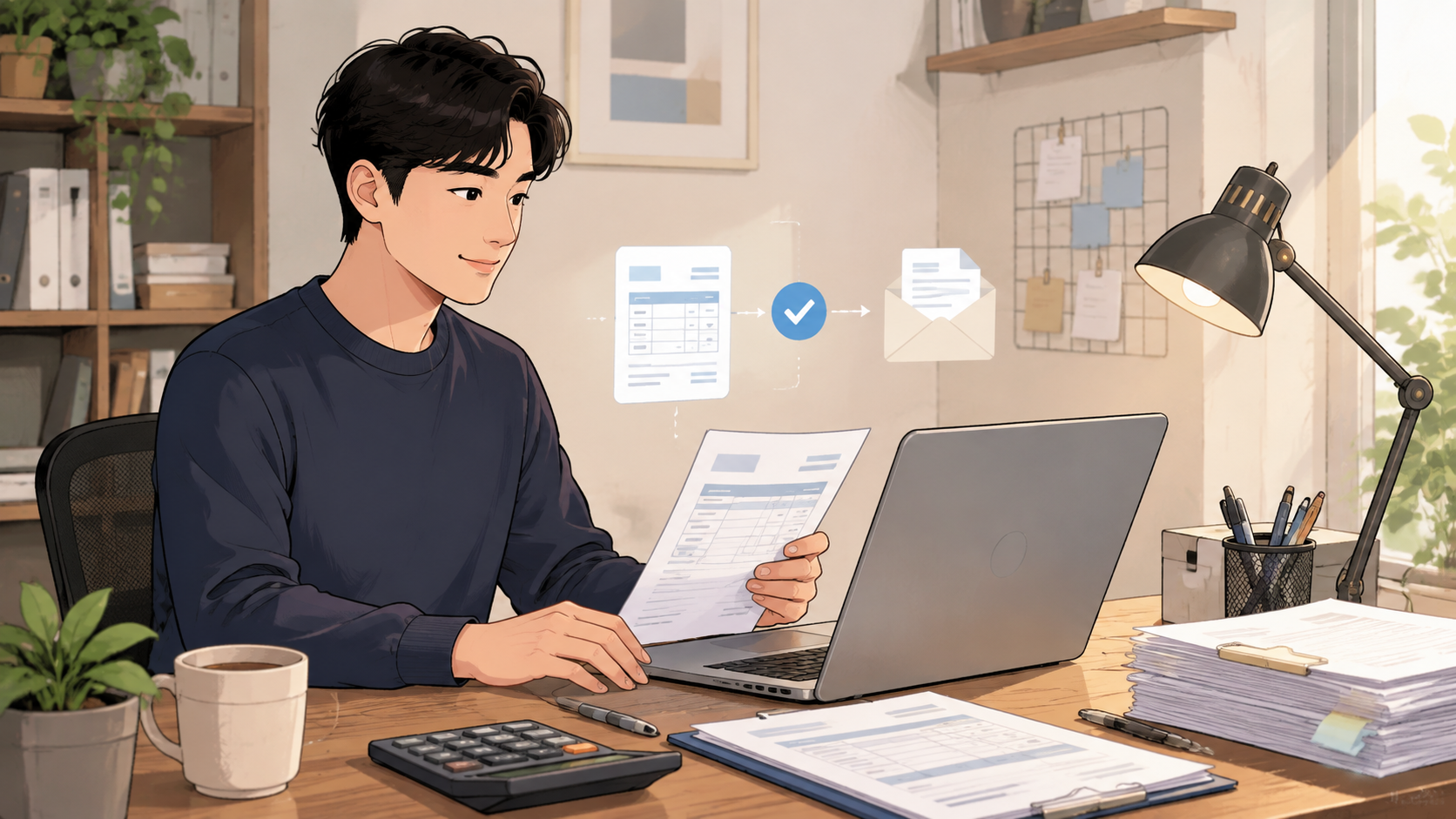 견적서와 청구서를 작성하는 소상공인 일러스트